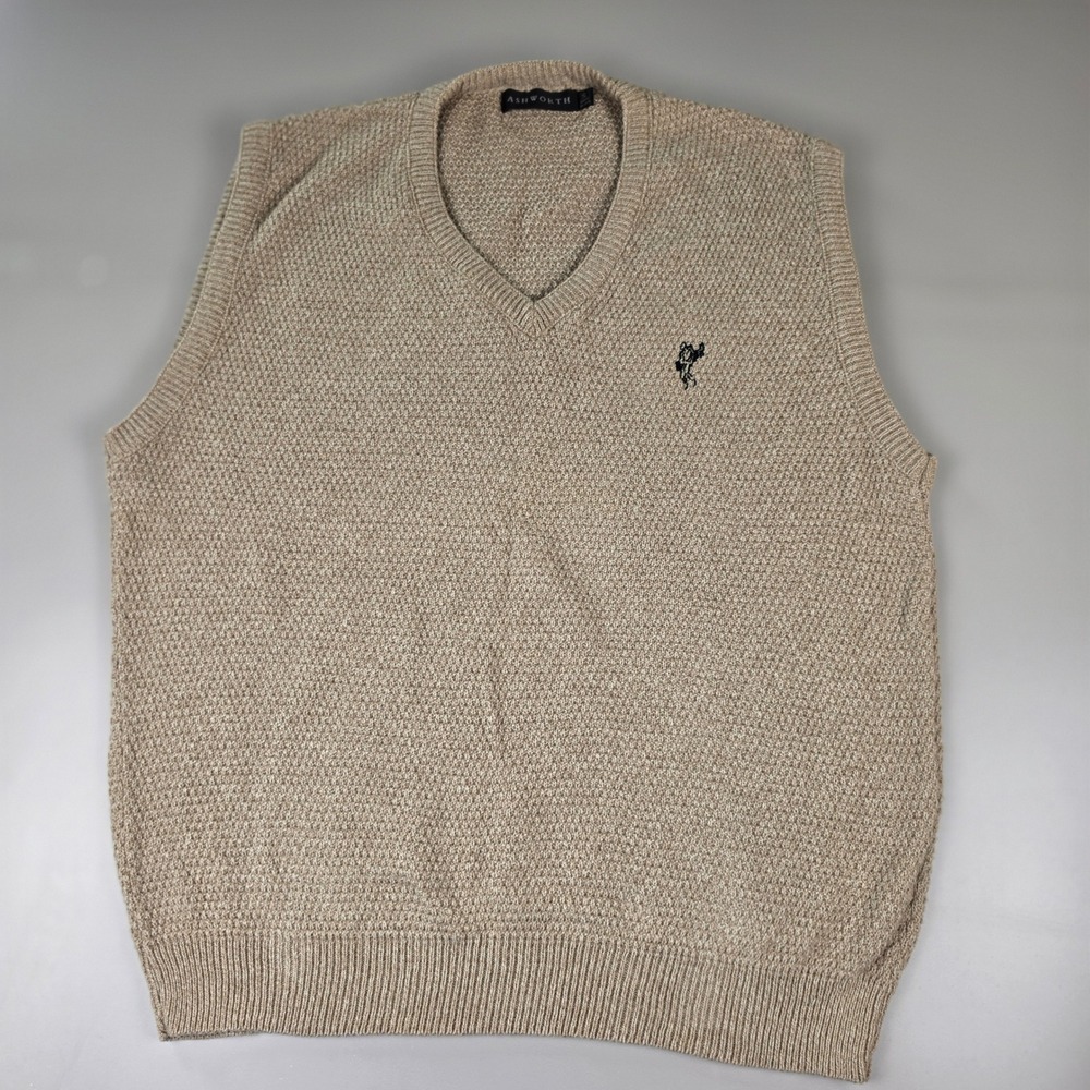Ashworth Sweater Vest Mens S Tan Excellent V-Neck Waffle Knit Golf Pullover USA